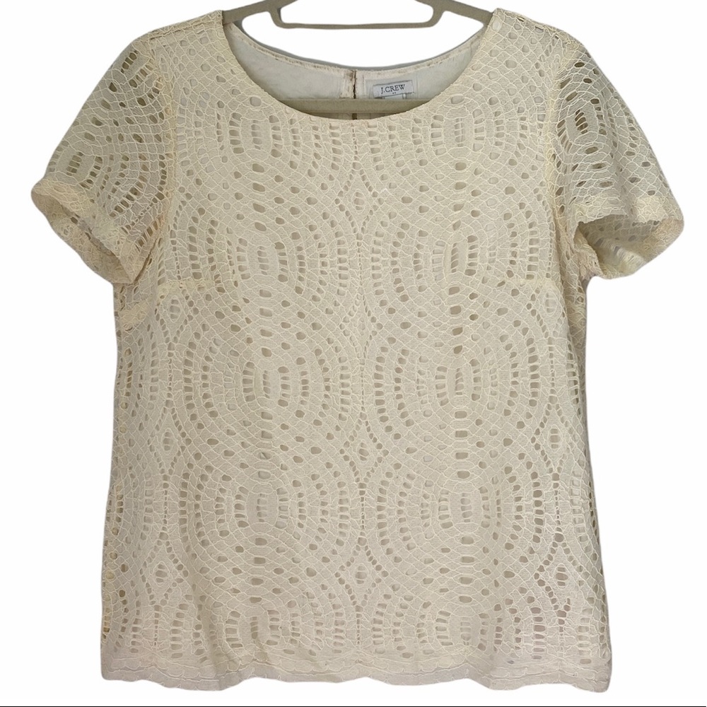 J.Crew Mesh Blouse - Womens Size 6 Ivory Short Sleeve Lined Cutout Circular Top